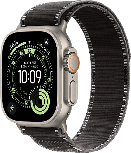 Apple Watch Ultra 3 49 мм, корпус из натурального титана, ремешок Trail черного цвета, размер M/L